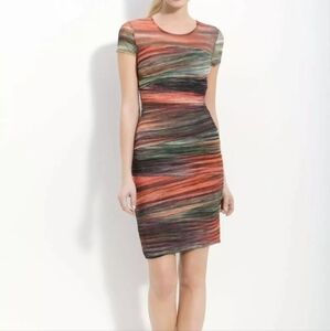 BCBG Max Azria Donna Colorful Ruched Dress XS Unique Mesh Bodycon Cap Sleeve